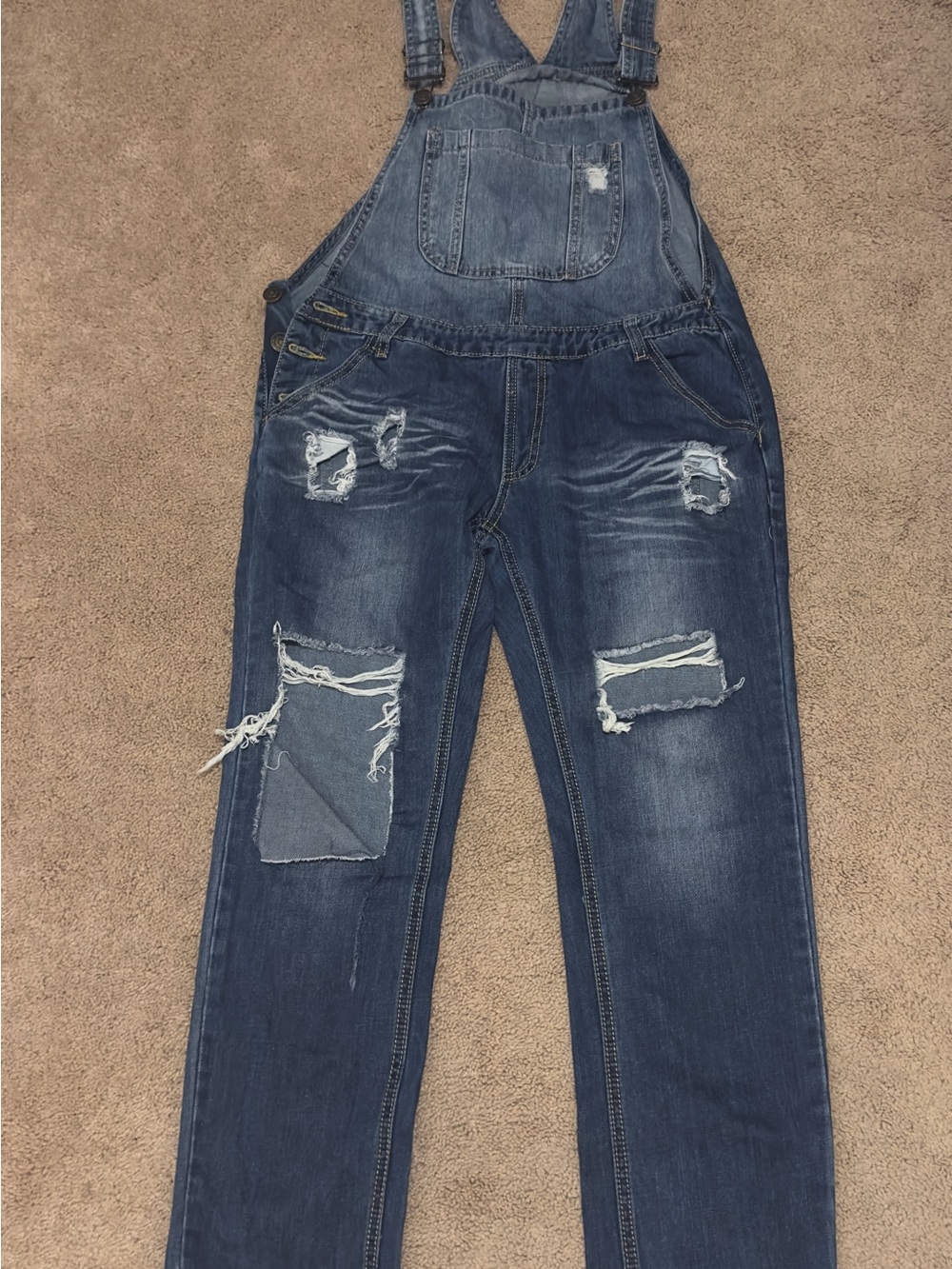 Women’s Distressed Blue Denim Overalls with Adjustable Straps